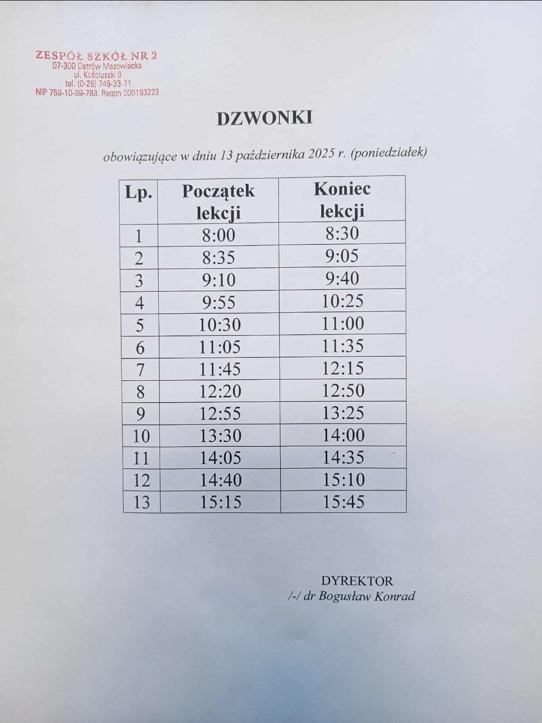 Dzwonki obowiązujące w dniu 13.10.2025 r. (poniedziałek)